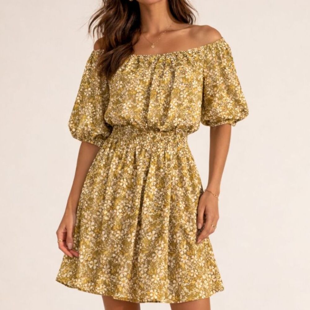Olive Green/yellow Floral Off The Shoulder  Smocked Mini Cottagecore Dress Sz M